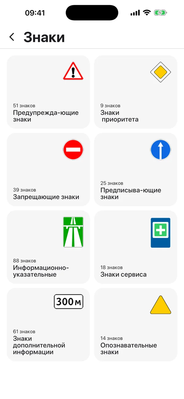 Экран «Знаки»: дорожные знаки, разбитые по категориям